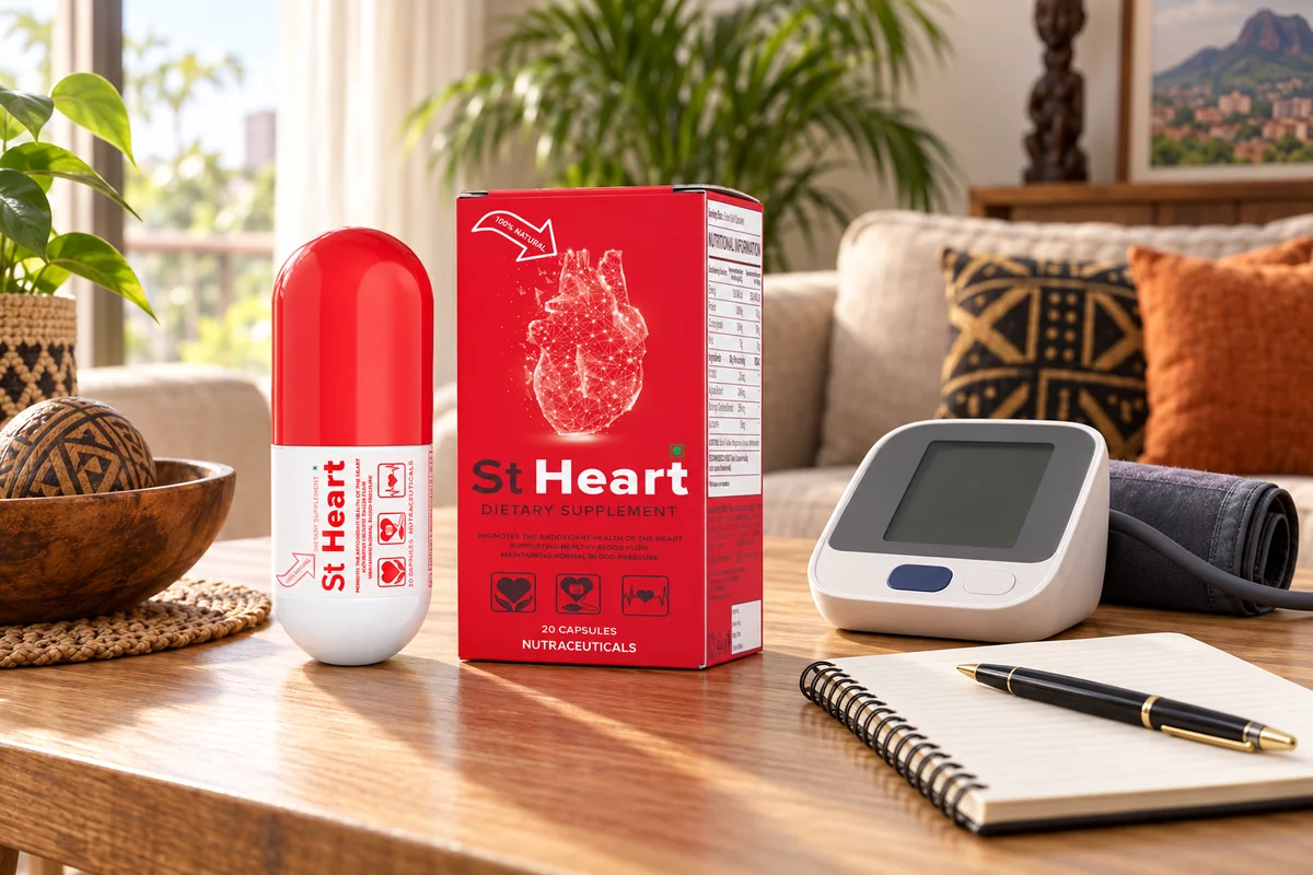Acheteurs de St Heart au Cameroun : un tensiomètre posé sur la table et une boîte de capsules ouverte