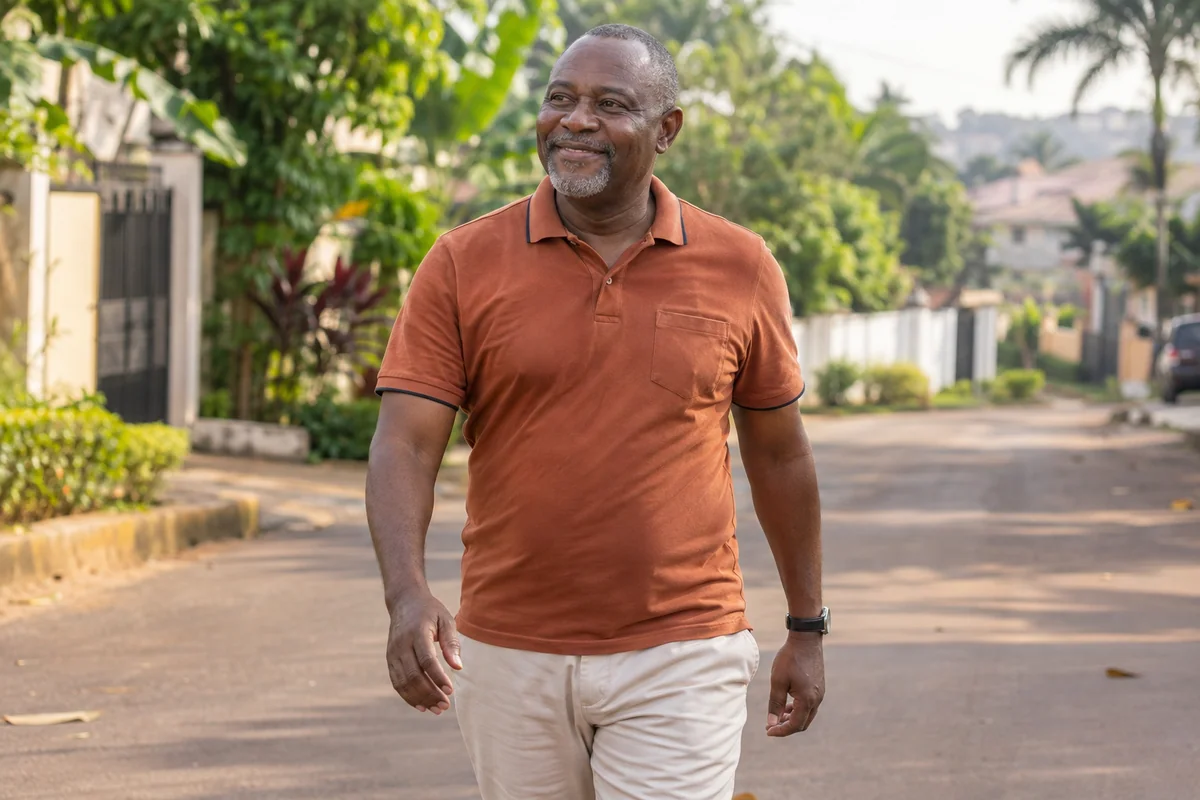 Un homme de 55 ans marche d’un pas tranquille dans son quartier de Yaoundé, tension stable avec St Heart