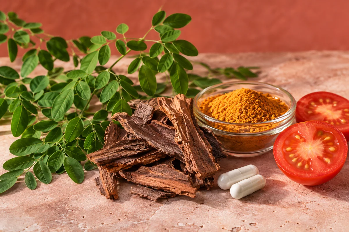 Composition de St Heart : feuilles de moringa, écorce d’arjuna, tomate pour le lycopène et capsule rouge et blanche