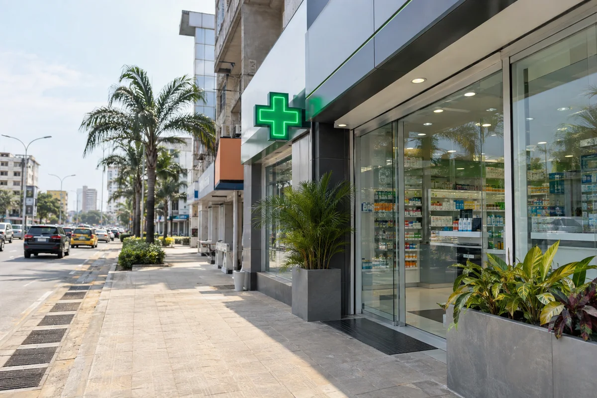 Devanture d’une pharmacie de l’avenue de Gaulle à Akwa, Douala, en pleine journée