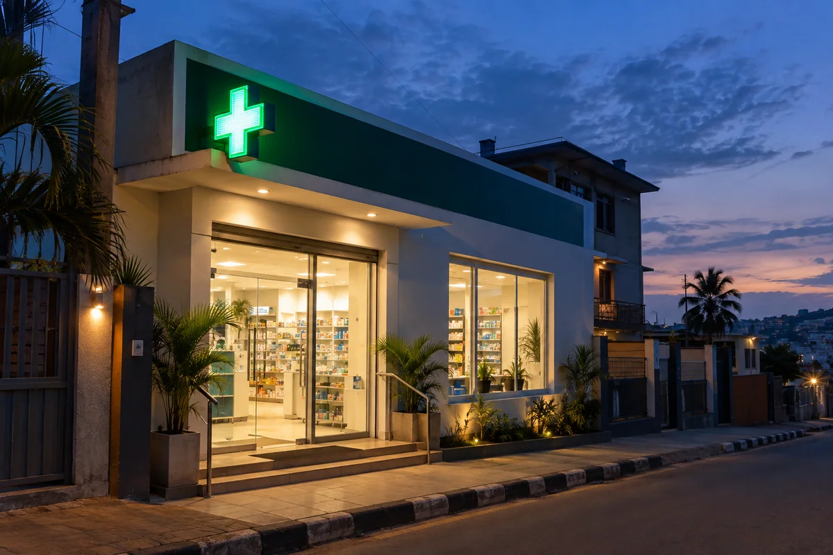 Devanture éclairée d’une pharmacie de garde la nuit à Yaoundé, croix verte allumée