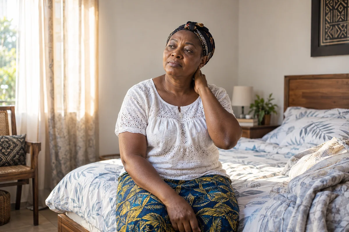 Une femme à Douala, assise au bord du lit au réveil, se tient la nuque à cause de la tension