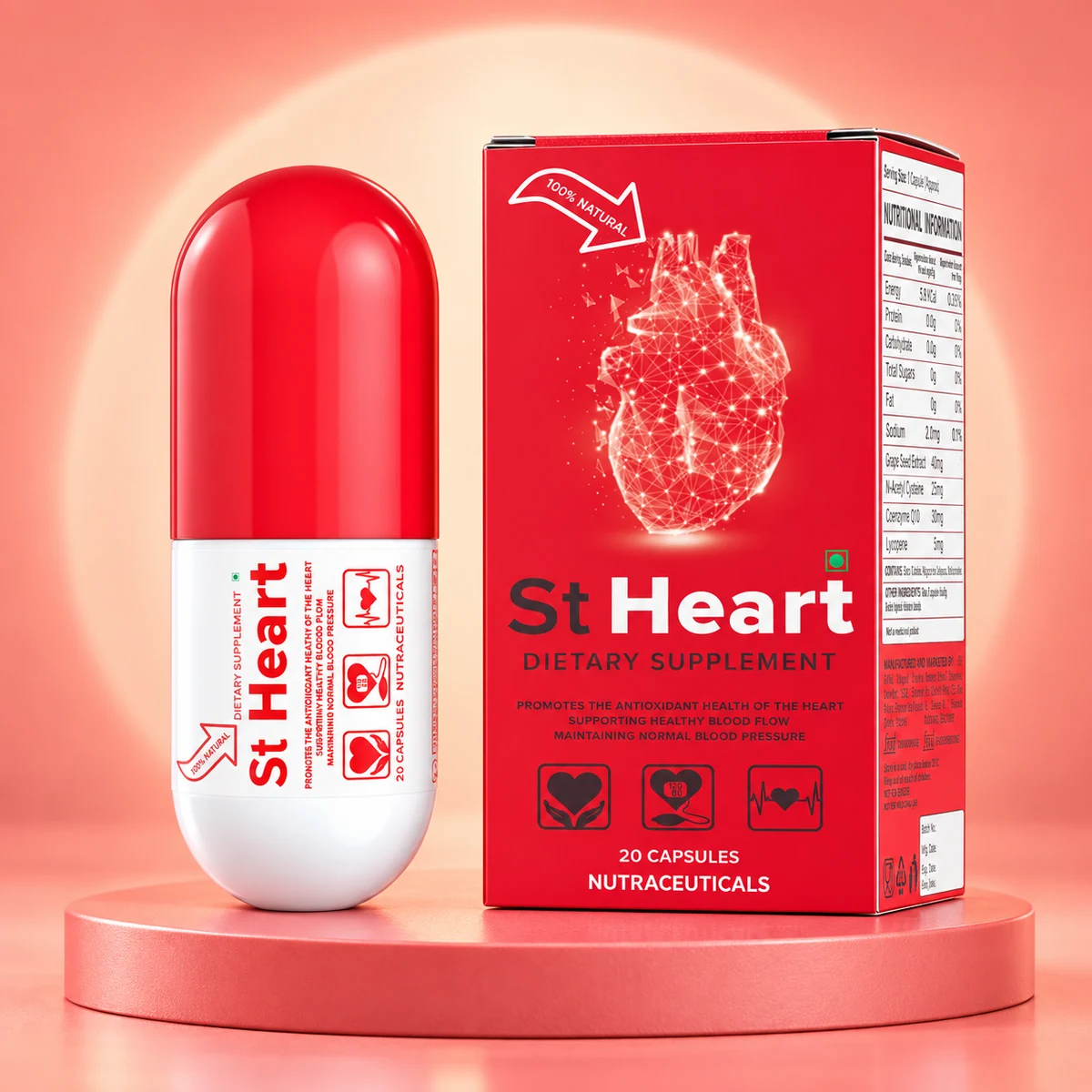 Capsules St Heart pour la tension artérielle : boîte rouge et capsule d’origine, 20 capsules, vendues au Cameroun